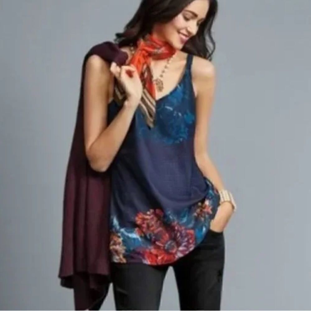 Cabi #3434 Artist Cami Blue Purple Floral Flowing Tank Blouse